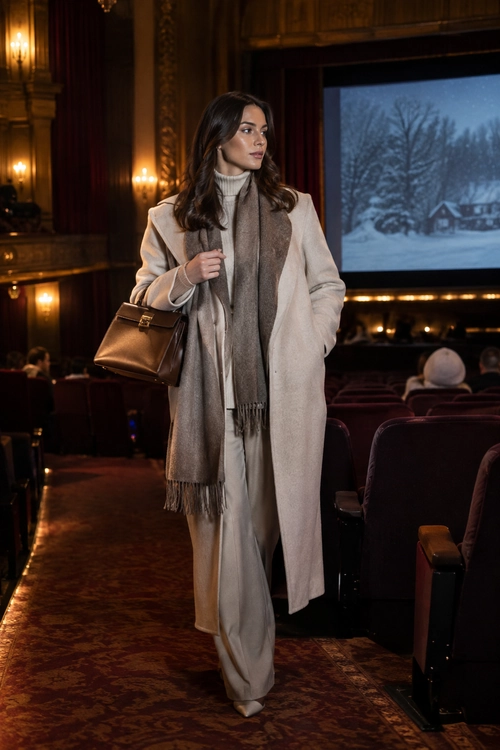 Woman wearing a long beige coat, cream turtleneck, taupe scarf, light trousers, pointed shoes, and carrying a brown handbag in a theater.