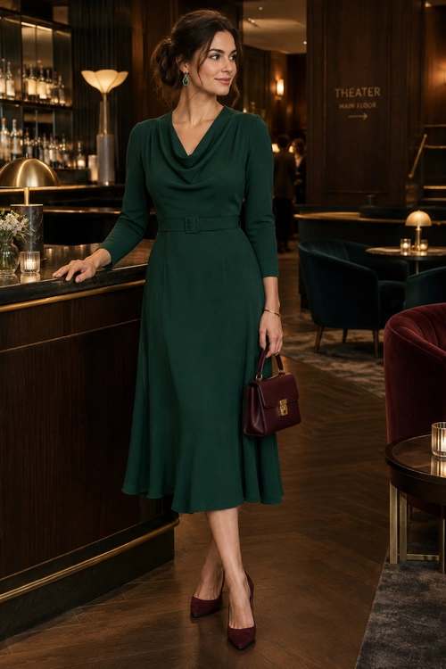Emerald Green Belted Midi Dress A woman wears a dark green long-sleeve belted midi dress with burgundy pointed pumps and a matching handbag.