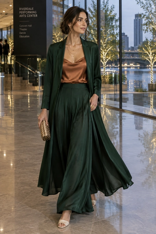Emerald Green Evening Outfit A woman wears a dark green blazer and flowing maxi skirt with a copper satin camisole, cream heels, and a woven gold clutch.