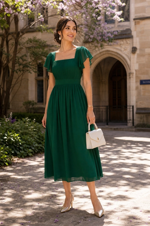 Woman wearing an emerald green midi dress with flutter sleeves, metallic pointed heels, and a small white handbag.