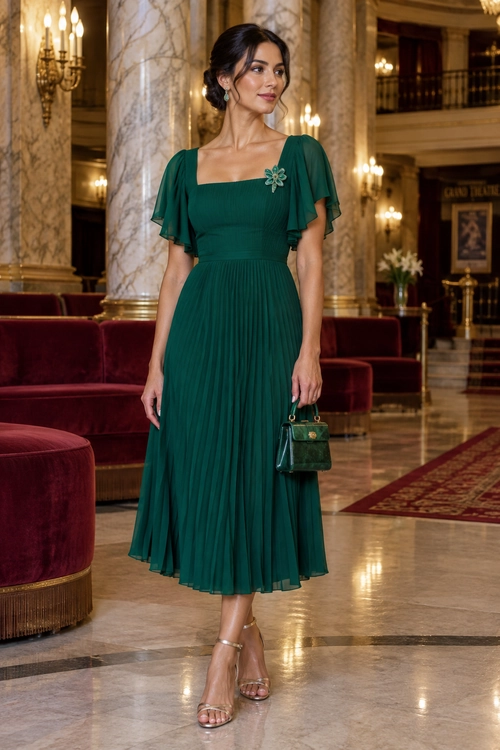 A woman wears an emerald green pleated midi dress with flutter sleeves, a floral brooch, a small green handbag, and strappy sandals.