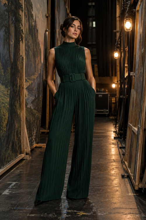 Pleated Emerald Green Jumpsuit A woman wears a dark green sleeveless pleated jumpsuit with a high neckline, wide legs, and a matching buckled belt.