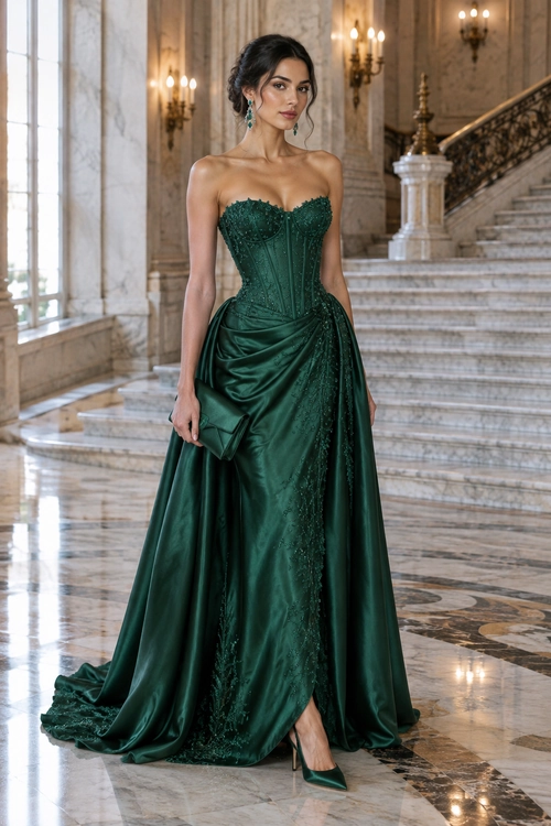 A woman wears a strapless emerald green gown with a corset bodice, draped satin skirt, matching clutch, earrings, and pointed heels.