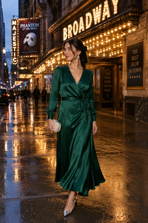 Emerald Satin Wrap Dress Woman wearing an emerald green satin wrap dress with long sleeves, a beaded clutch, and pointed metallic heels outside a theater.