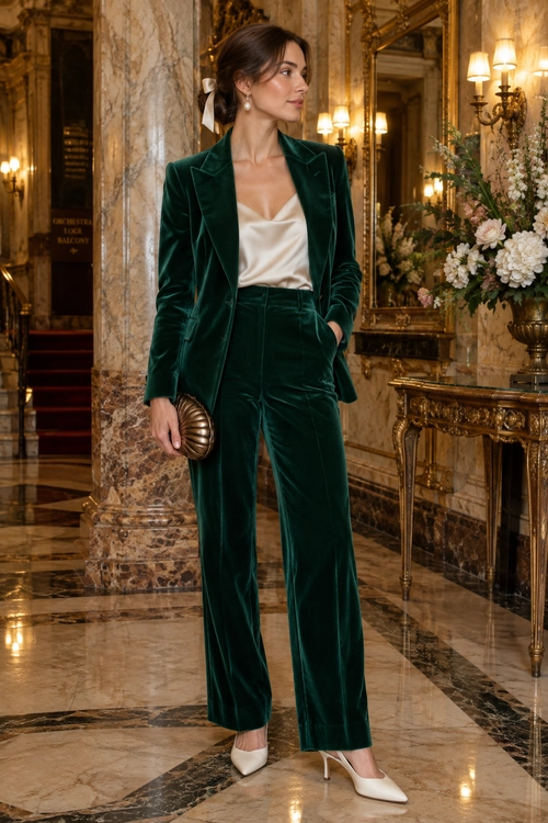 A woman wears an emerald green velvet blazer and wide-leg trousers with an ivory camisole, white pointed heels, pearl earrings, and a bronze clutch.