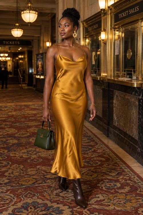 A woman wears a gold satin cowl-neck slip dress with brown boots and carries a dark green handbag in a theater lobby.