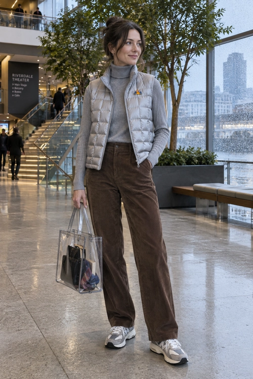 Gray Puffer Vest and Brown Wide-Leg Trousers A layered outfit featuring a gray ribbed turtleneck, light gray quilted vest, brown wide-leg trousers, gray sneakers, and a transparent tote bag.