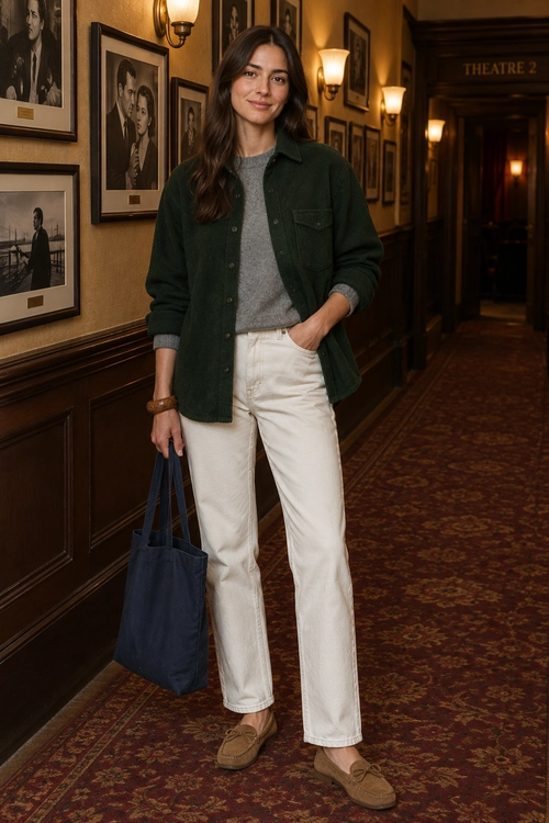 A woman wearing a dark green button-up overshirt, gray sweater, cream jeans, brown loafers, and carrying a navy tote bag.