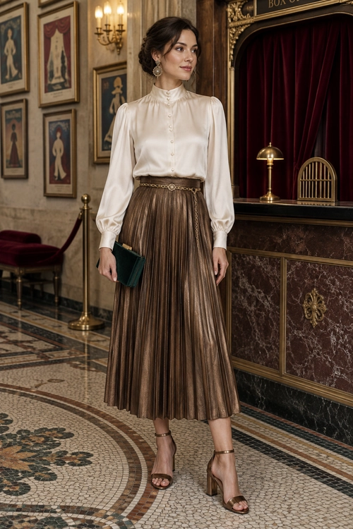 A woman wears an ivory high-neck blouse with a bronze pleated midi skirt, green clutch, and heeled sandals.