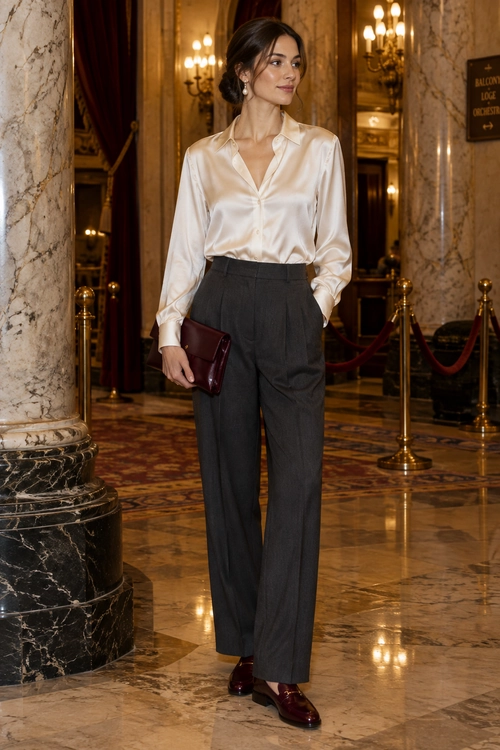 A woman wearing an ivory satin blouse with charcoal wide-leg trousers, burgundy loafers, and a matching clutch.