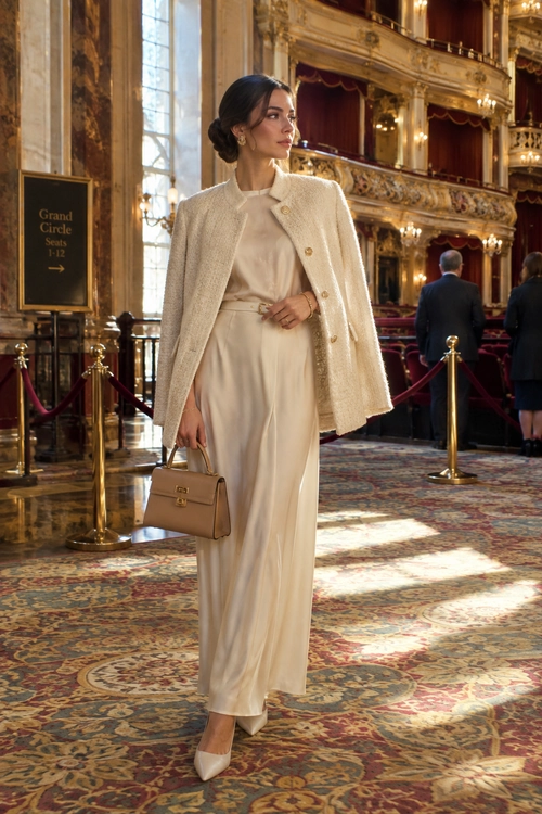 Ivory Cape Jacket Evening Look A woman wears an ivory textured cape jacket over a flowing cream outfit with pointed heels and a structured beige handbag in an ornate interior.