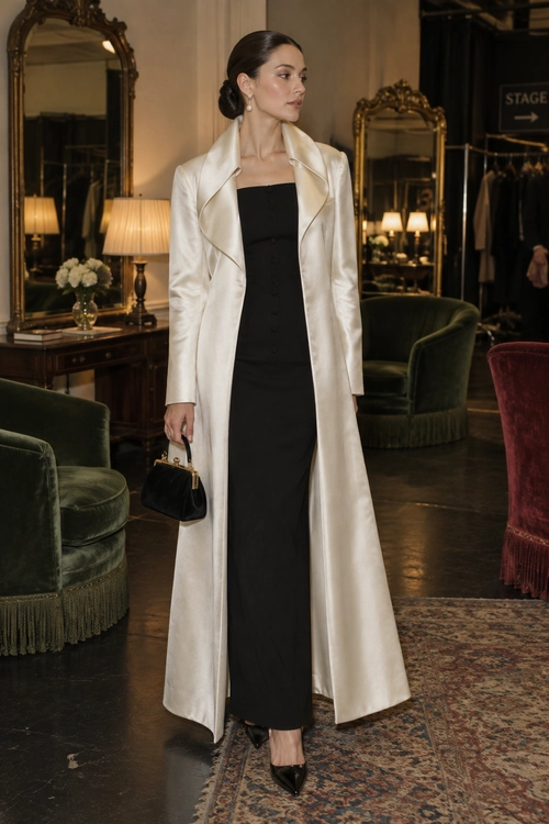 A woman wears a long ivory coat over a black floor-length dress with pointed heels and carries a black handbag.