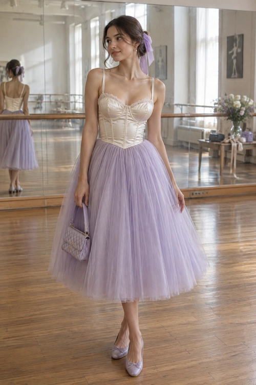 A woman wearing an ivory corset top with a lavender tulle midi skirt, matching ballet flats, hair bow, and quilted handbag.