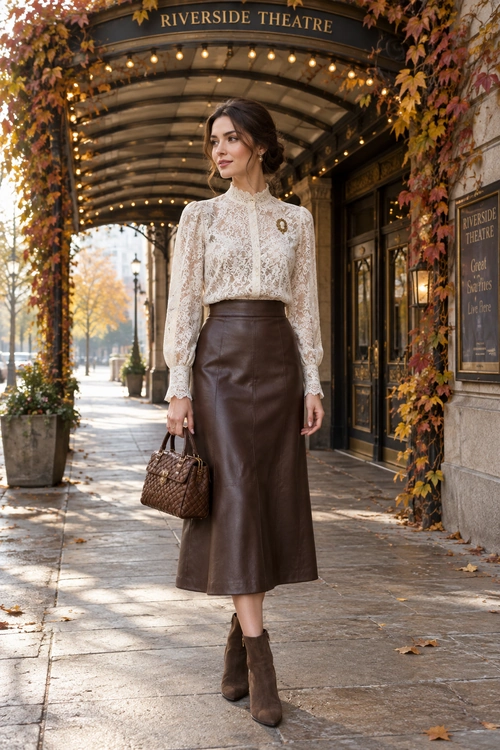 Ivory Lace Blouse and Brown Leather Skirt A woman wears an ivory lace blouse with a brown leather midi skirt, brown ankle boots, and a woven handbag.