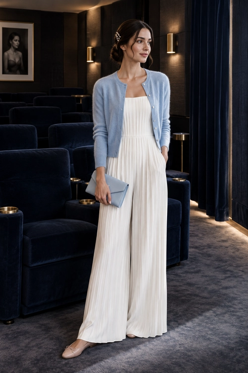 A woman wears an ivory pleated wide-leg jumpsuit with a pale blue cardigan, matching clutch, and nude flats.