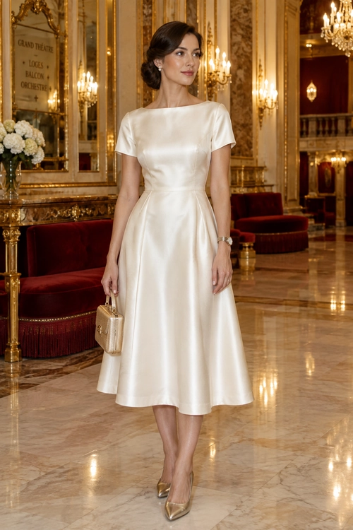 Ivory Satin Midi Dress Woman wearing an ivory satin short-sleeve midi dress with gold pointed pumps and a metallic clutch.