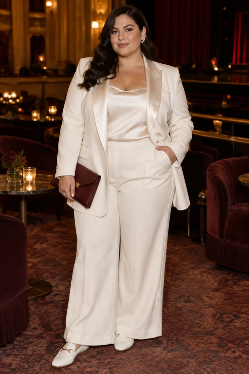 A woman wears an ivory blazer, satin camisole, and wide-leg trousers with white loafers and a burgundy clutch.