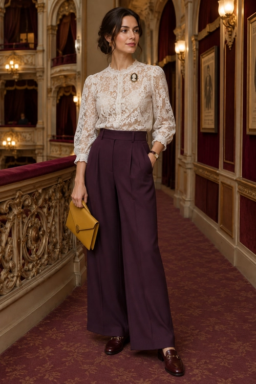 A woman wears a white lace blouse with a brooch, high-waisted plum wide-leg trousers, brown loafers, and carries a mustard clutch.