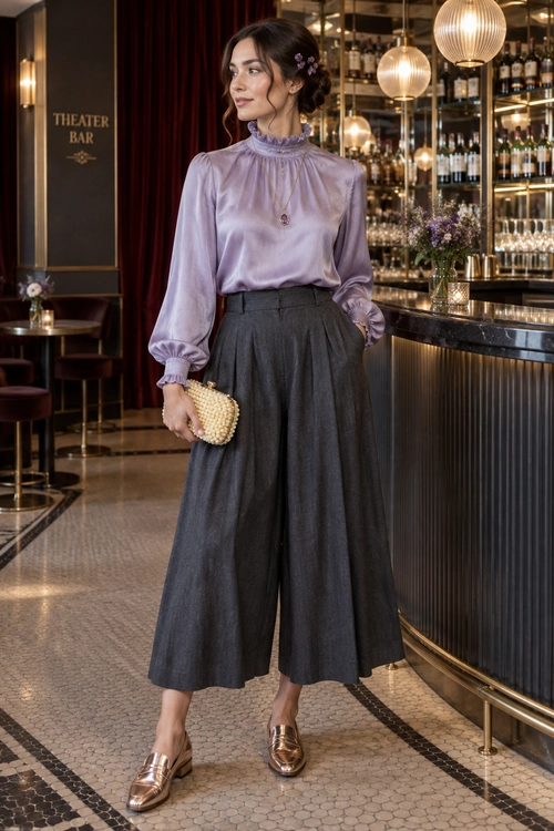 Lavender Blouse with Charcoal Culottes A woman wearing a lavender high-neck blouse, charcoal wide-leg culottes, metallic loafers, and carrying a woven clutch in an elegant theater bar.