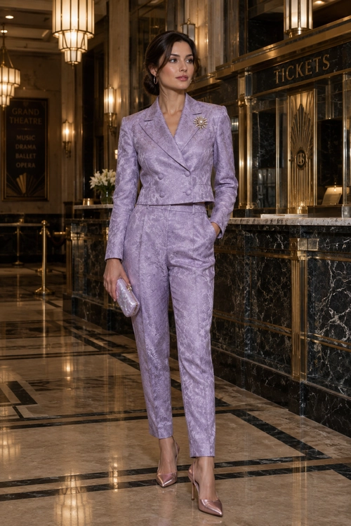 Lavender Brocade Suit Outfit A woman wears a lavender double-breasted brocade blazer and matching trousers with a gold brooch, pink clutch, and pointed heels.