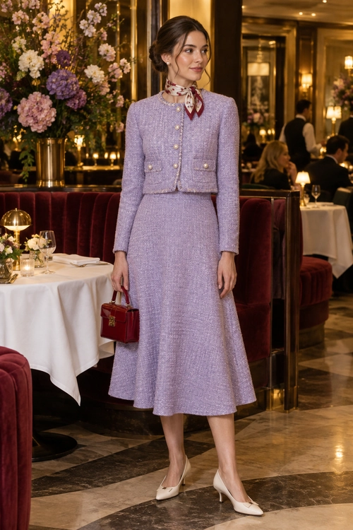 Lavender Tweed Skirt Suit A woman wears a lavender tweed jacket and midi skirt with a patterned neck scarf, burgundy handbag, and white pointed heels in an elegant restaurant.