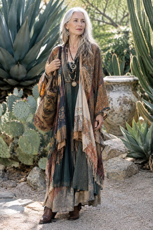 Layered Bohemian Garden Look A woman wears a layered bohemian outfit with a patterned long jacket, dark teal dress, draped scarves, layered necklaces, shoulder bag, and ankle boots in a cactus garden.