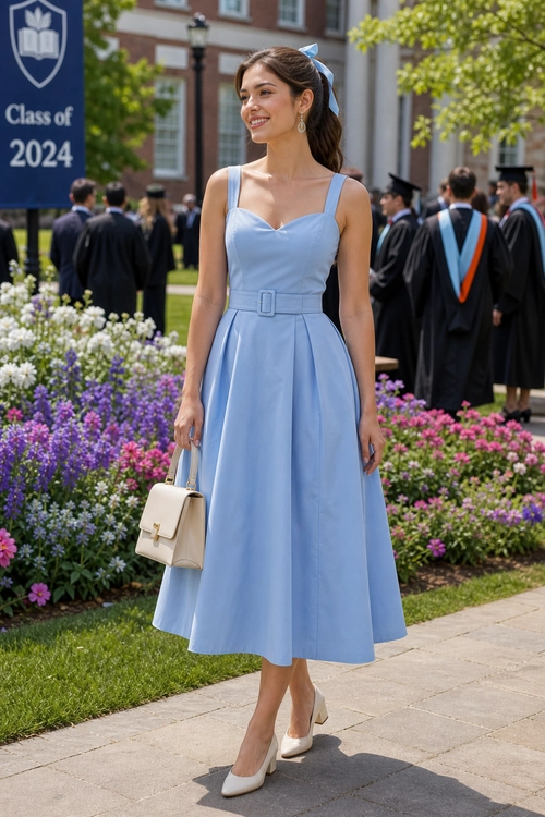 A woman wears a light blue belted midi dress with cream pumps and a matching structured handbag at an outdoor graduation ceremony.