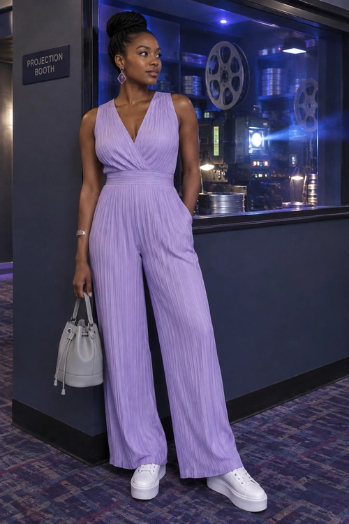 Woman wearing a lilac pleated sleeveless wide-leg jumpsuit with white platform sneakers and a light gray handbag.