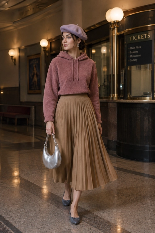 A mauve hooded sweatshirt with a tan pleated midi skirt, lavender beret, silver handbag, and blue-gray flats.