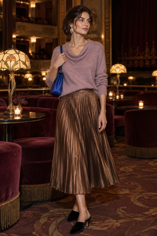 Mauve Sweater with Pleated Metallic Skirt Woman wearing a mauve cowl-neck sweater with a bronze pleated midi skirt, black heeled shoes, and a blue shoulder bag.