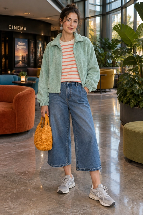 A woman wears a mint green jacket over a coral and cream striped top with cropped wide-leg jeans, gray sneakers, and a woven orange handbag.