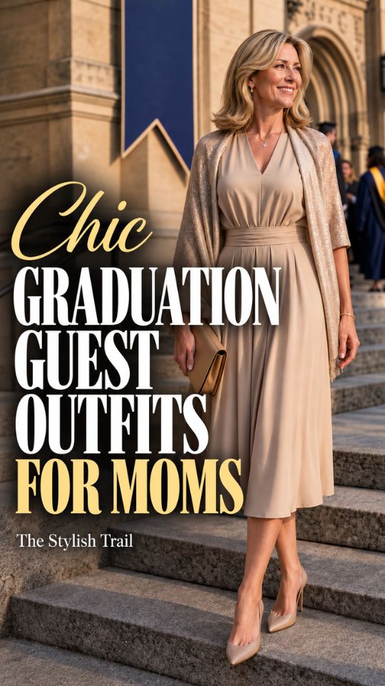mom wearing graduation guest outfit with a taupe midi dress with a sheer lace cardigan, pointed heels