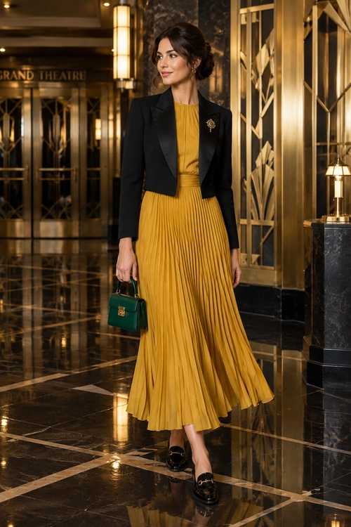 A woman wears a mustard pleated maxi dress with a cropped black tuxedo blazer, green handbag, brooch, and black shoes.