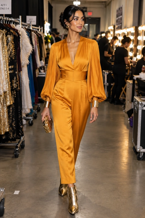 A woman wears a mustard satin jumpsuit with voluminous sleeves, metallic gold ankle boots, cuff bracelets, and a geometric clutch.