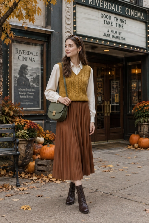 A woman wears a mustard cable-knit sweater vest over a white blouse with a brown pleated midi skirt, dark brown ankle boots, and an olive green shoulder bag.