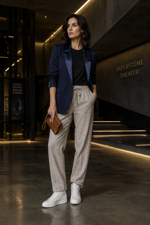 A woman wears a navy blazer over a black top with beige drawstring trousers, white high-top sneakers, and a brown clutch.
