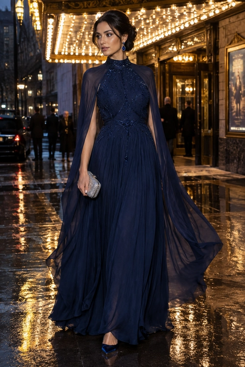 Navy Cape Gown A woman wears a floor-length navy evening gown with a high embellished neckline, sheer cape sleeves, a silver clutch, and pointed shoes.
