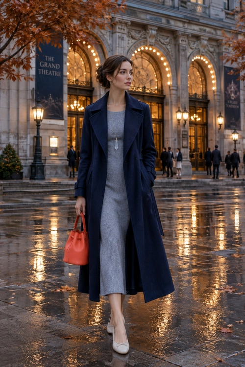 A woman wears a long navy coat over a gray dress with a red handbag and light-colored heels outside a grand theater.