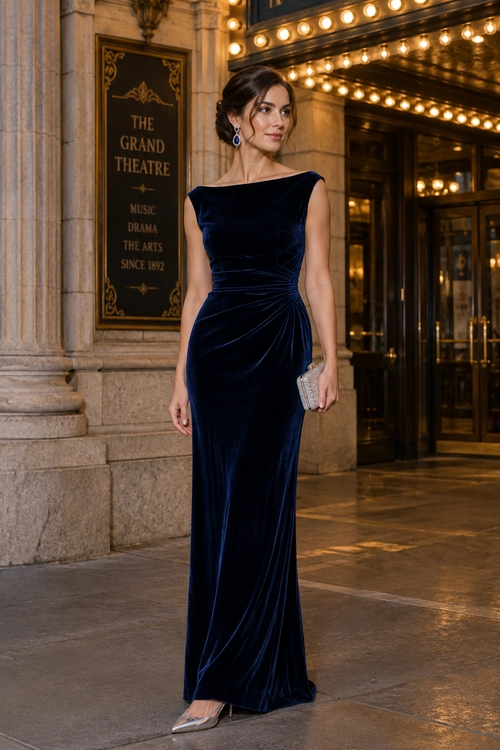 Woman wearing a floor-length navy velvet gown with a ruched waist, blue drop earrings, a silver clutch, and metallic pointed heels.