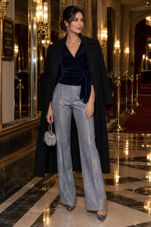 A woman wears a navy velvet wrap top, long black coat, silver wide-leg trousers, pointed heels, drop earrings, and a small metallic handbag.