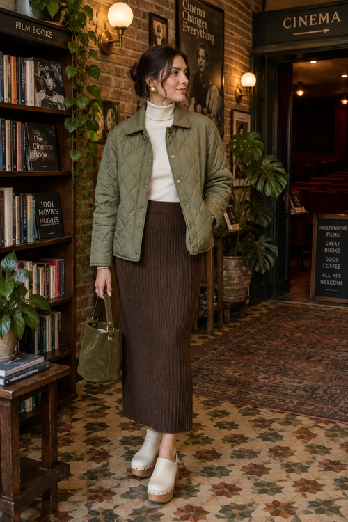 A woman wears an olive quilted jacket over a cream turtleneck with a brown ribbed midi skirt, olive handbag, and cream platform shoes.