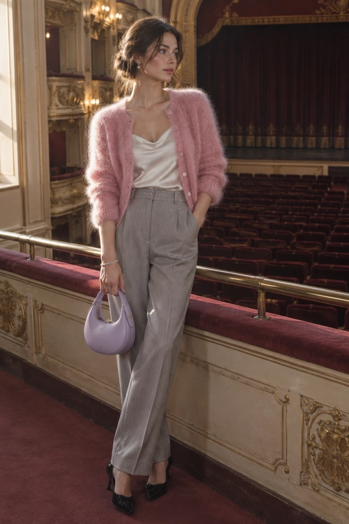 Pink Cardigan and Tailored Trousers A woman wears a soft pink cardigan over an ivory draped top with gray tailored trousers, black pointed heels, and a lavender handbag.