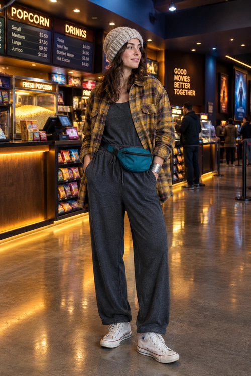 Casual outfit featuring a gray knit beanie, brown plaid overshirt, dark top, wide-leg pants, teal waist bag, and white high-top sneakers.