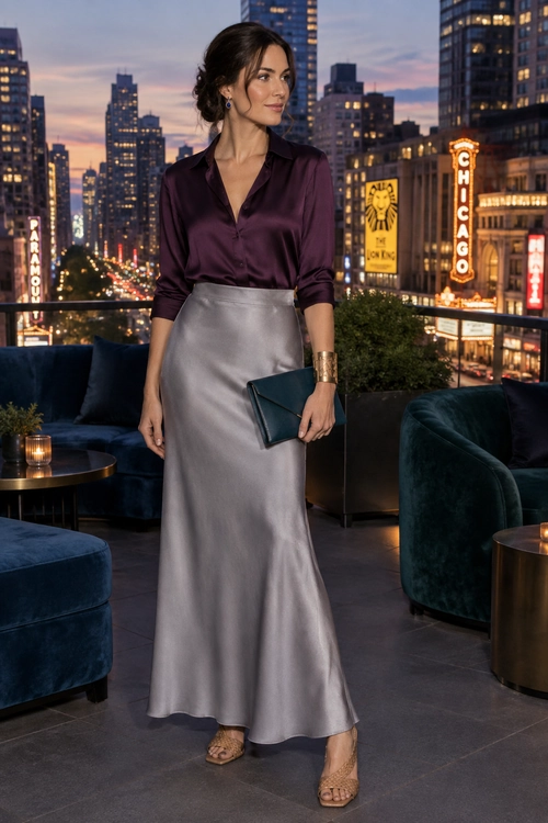 Plum Blouse and Satin Maxi Skirt Woman wearing a plum satin blouse with a silver-gray floor-length skirt, tan open-toe heels, and a dark clutch.