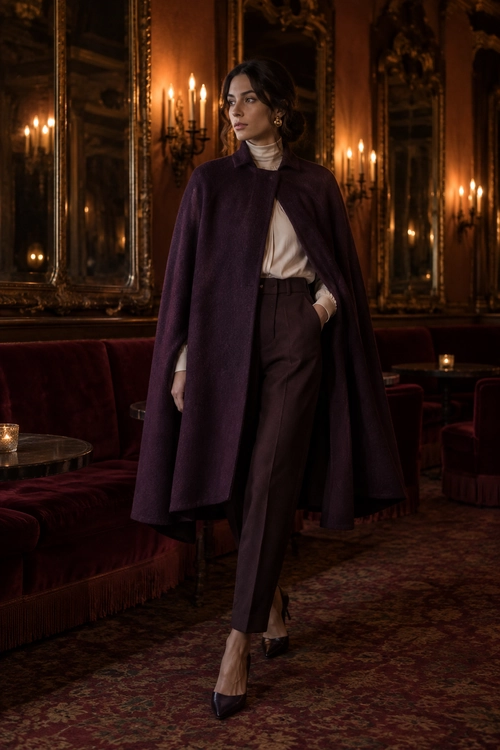 Plum Cape and Tailored Trousers A woman wearing a deep plum cape coat over a cream high-neck blouse and tailored trousers with pointed heels.