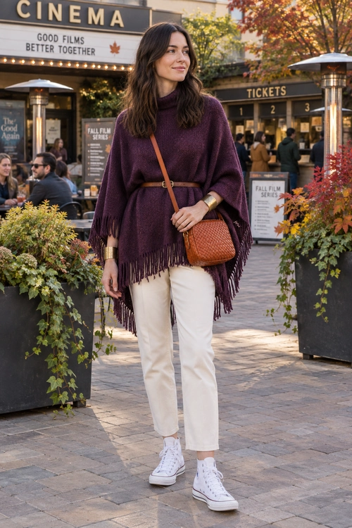 A woman wears a plum fringed poncho with cream pants, white high-top sneakers, and a brown woven crossbody bag.