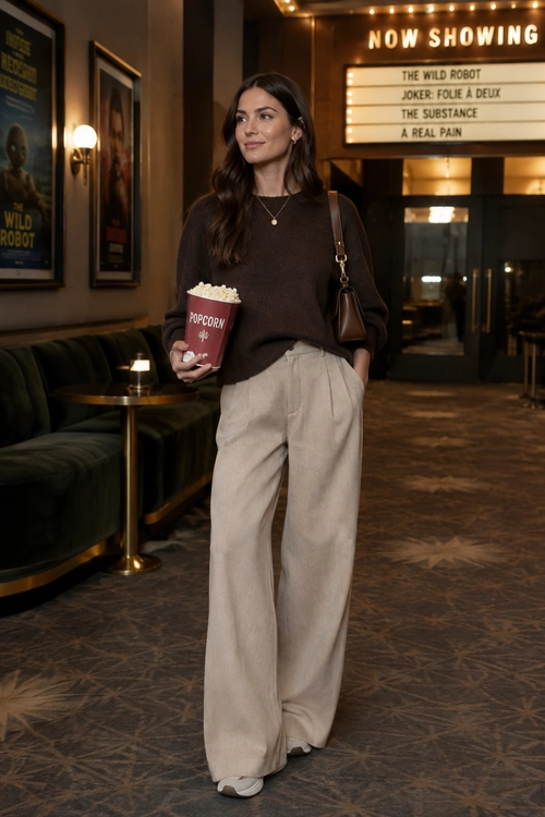 A woman wears a dark brown knit sweater with beige wide-leg trousers, white sneakers, and a brown shoulder bag.