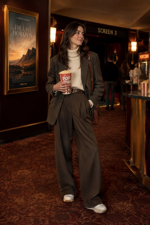 Woman wearing a brown blazer, cream turtleneck, wide-leg trousers, white sneakers, and a brown shoulder bag at a cinema.