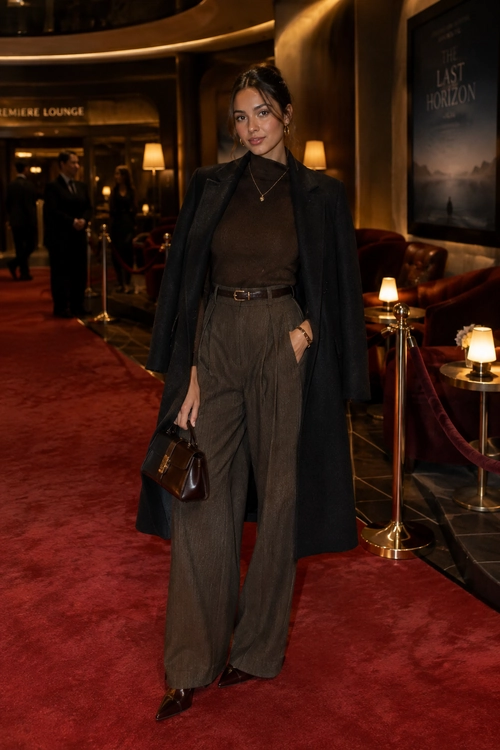 A woman wears a long black coat over a dark brown high-neck top and wide-leg trousers with a brown handbag.