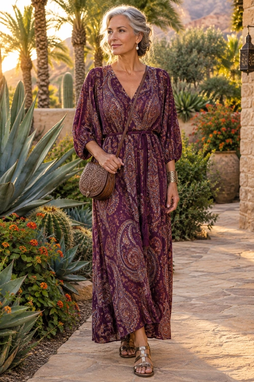 Purple Paisley Wrap Maxi Dress A woman wears a purple paisley wrap-style maxi dress with a brown crossbody bag and strappy flat sandals.